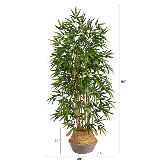 64" Bamboo Artificial Tree Natural Bamboo Trunks in Boho Chic Handmade Cotton & Jute Gray Woven Planter
